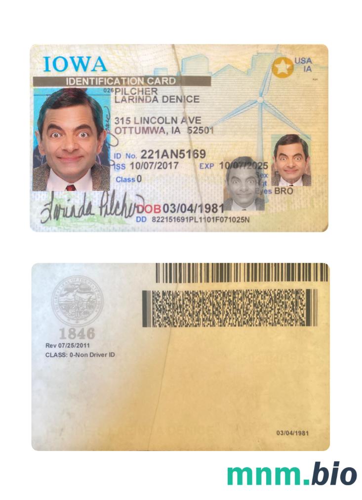 Przykład karty identyfikacyjnej stanu Iowa (USA) w formacie PSD, w pełni edytowalny